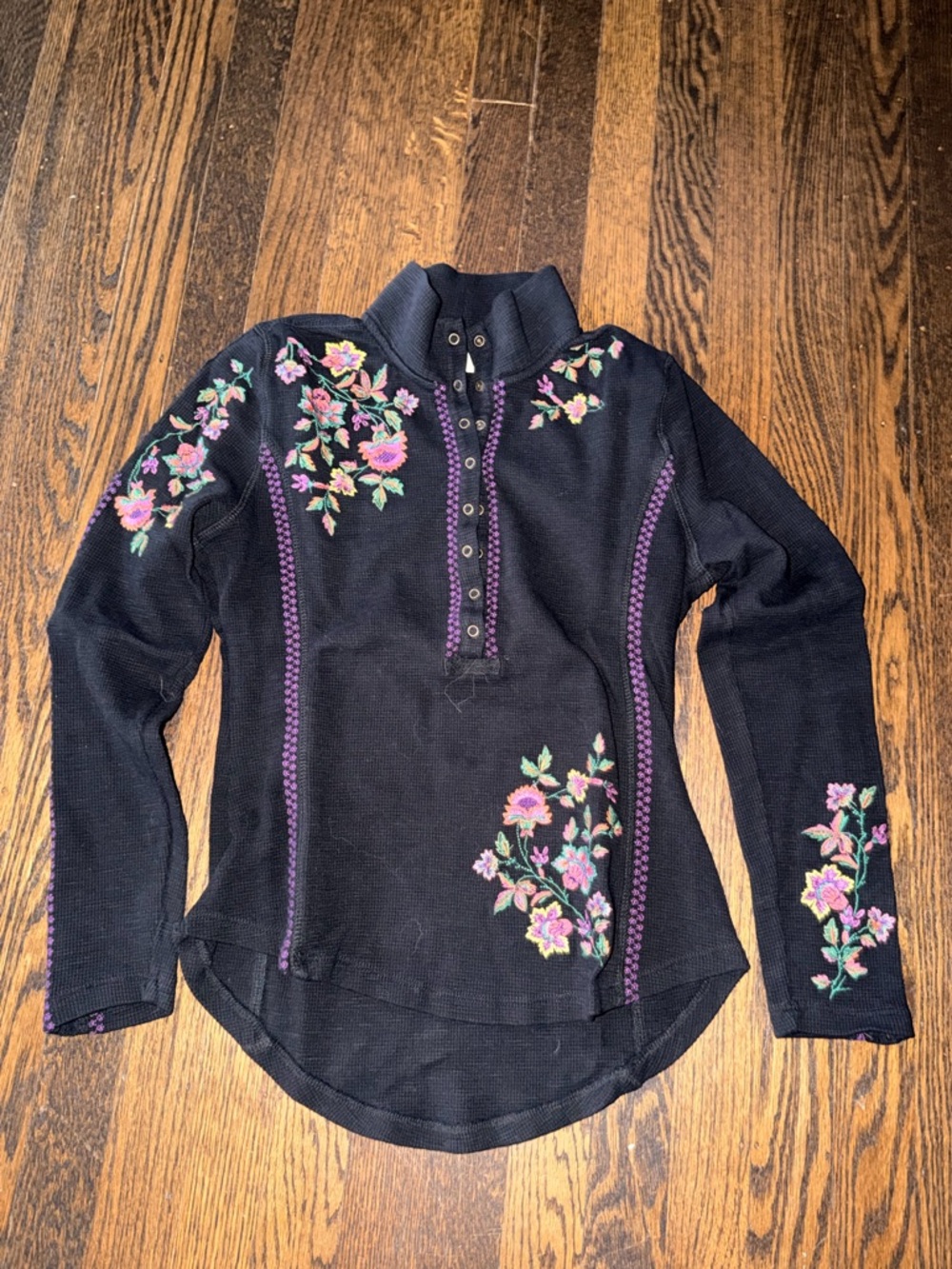 Sundance Black Henley Top with Colorful Floral Embroidery small petite
